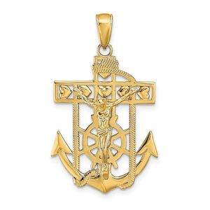 14k Yellow Gold Textured Mariner Crucifix Pendant, 22 x 35mm